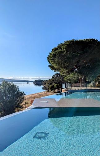 une piscine avec vue sur un plan d'eau dans l'établissement Magnifique 70m2 avec patio terrasse en bord de mer, à Pianottoli-Caldarello