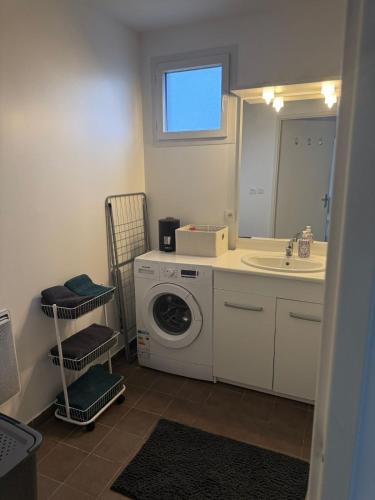 une salle de bain avec une machine à laver et un lavabo dans l'établissement Chez Noah - 70m2 near Geneva, à Ville-la-Grand