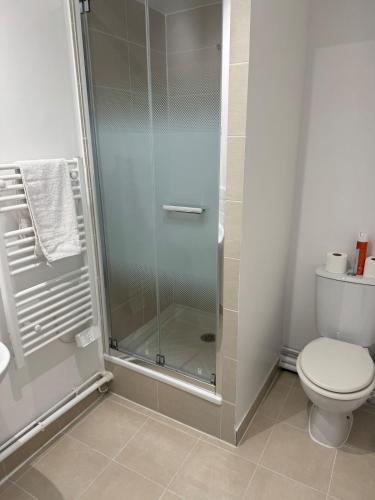 une salle de bain avec toilettes et douche en verre dans l'établissement Appartement H, RESIDENCE DU RENOUVEAU, Stade de France, idéal pour 2 pers, à Saint-Denis