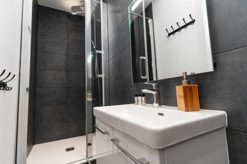 une salle de bain avec un lavabo blanc et une douche dans l'établissement Appartement atypique et cosy centre-ville, à Strasbourg