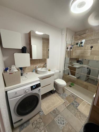 une salle de bain avec machine à laver et toilettes dans l'établissement Villa désirée à Santa Maria Poggio, à Santa-Maria-Poggio