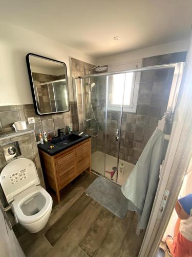 une salle de bain avec toilettes, lavabo et douche dans l'établissement Appt Fréjus 4 personnes plage à 100m, à Fréjus