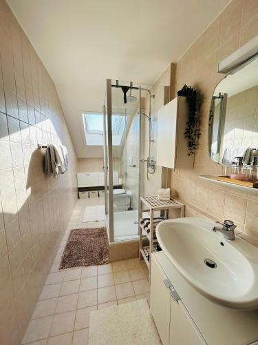 a bathroom with a sink and a shower at BerglerNest - Apartment mit Bergblick! in Bihlerdorf