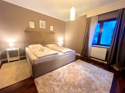 a bedroom with a bed and a large window at Großes, vollausgestattes Apartment für 5 Personen mit WLAN, vollausgestatteter Küche, Waschmaschine und Trockner in Crimmitschau