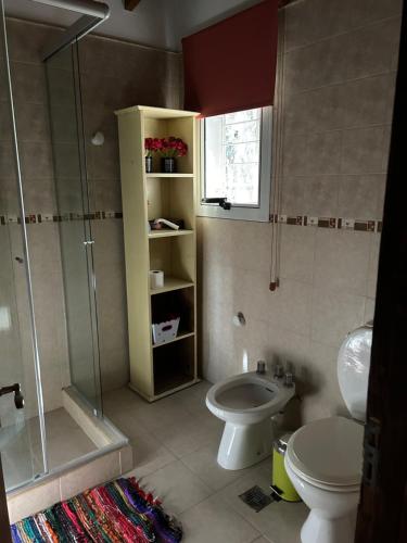 a bathroom with a shower and a toilet and a sink at Die Ville VGB in Villa General Belgrano