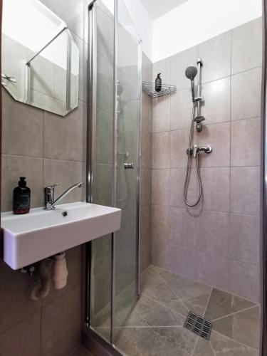 a bathroom with a sink and a shower at Apartman pri boroviciach in Štrbské Pleso