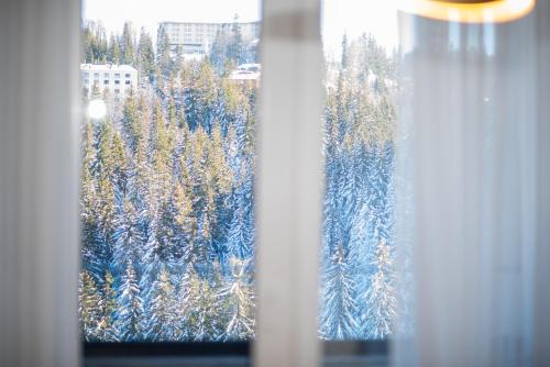 a window with a view of a snow covered forest at Royal Premium by Vucko Jahorina Serviced Apartments in Jahorina