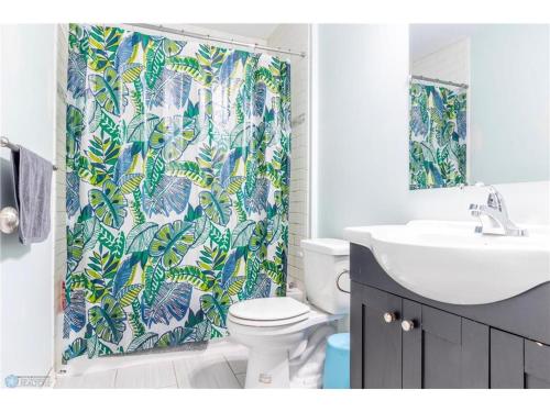 une salle de bain avec toilettes et rideau de douche dans l'établissement Lyndale Oasis, à Minneapolis
