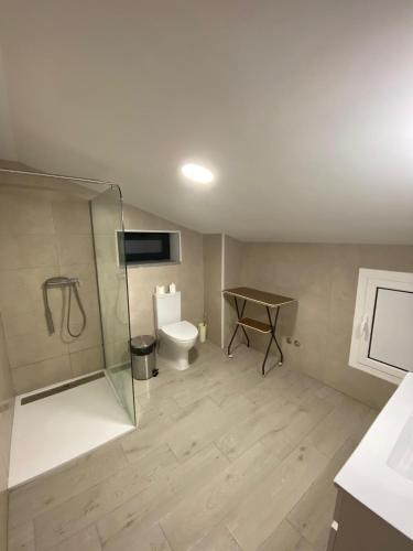 a bathroom with a toilet and a glass shower at Casa da Avó Bia in Penhascoso