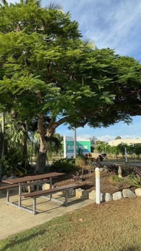 a park with a bench under a tree at Bowen Holiday Park in Bowen