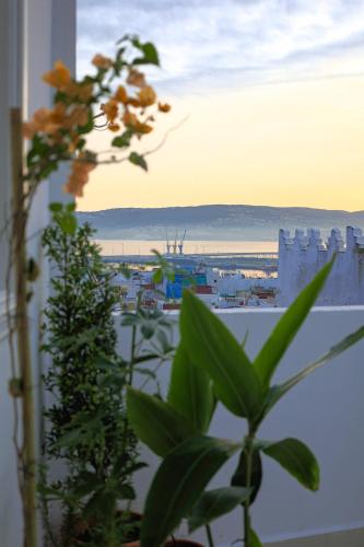 a view of a city from a window with a plant at Dar Tanjawiya in Tangier