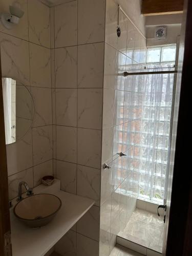 a bathroom with a shower with a sink and a window at Luna y Cumbres in Cafayate