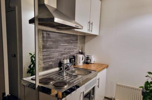 a kitchen with a sink and a stove at Loft Flat, near Hampton Court Palace, Free Parking in West Molesey