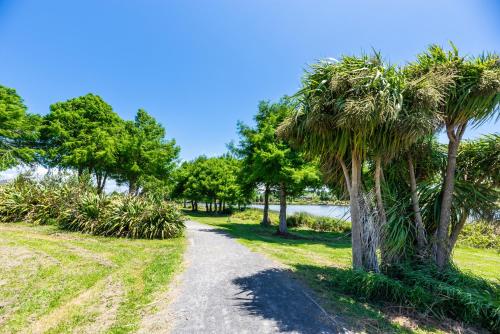 a path through a park with palm trees at The Lakeside - Tauranga Holiday Home in Tauranga