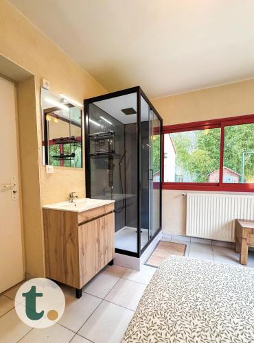 une salle de bain avec douche et lavabo dans l'établissement Tranquiloue - Grande maison spacieuse - PuyduFou, aux Herbiers