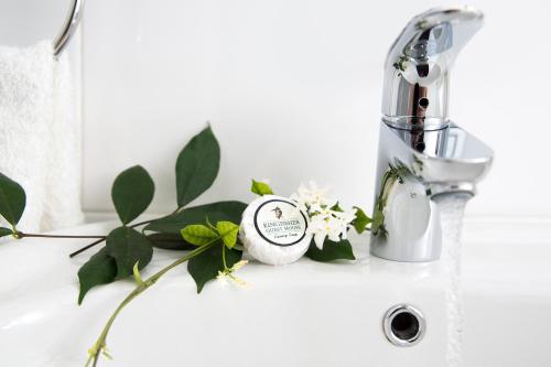 a counter with flowers and a blender on it at Kingfisher GuestHouse in Port Elizabeth