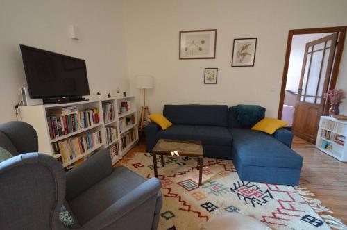 a living room with a blue couch and a tv at garazi in Saint-Jean-Pied-de-Port