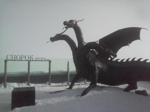 a statue of a dragon in the snow at Privát Erika in Liptovský Ján