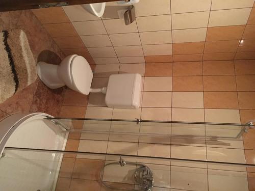 a bathroom with a toilet paper dispenser on the wall at Abszolút Hotel és Panzió in Nyírbátor