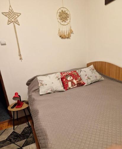 a bed with pillows on it in a bedroom at Bubu Apartament in Petroşani