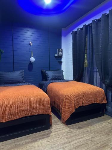 two beds in a bedroom with blue walls at The Hidden Gem Poshtel Koh Tao in Koh Tao