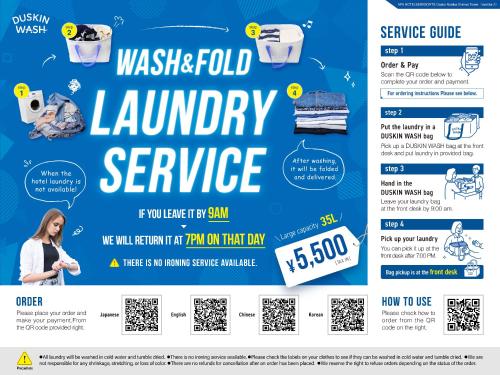 a flyer for a laundry service with the words wassie fold laundry service at APA Hotel & Resort Osaka Namba Ekimae Tower in Osaka