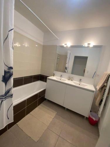 une salle de bain avec une baignoire, un lavabo et un miroir dans l'établissement JASMIN avec parking à 200 m du centre, à Avignon