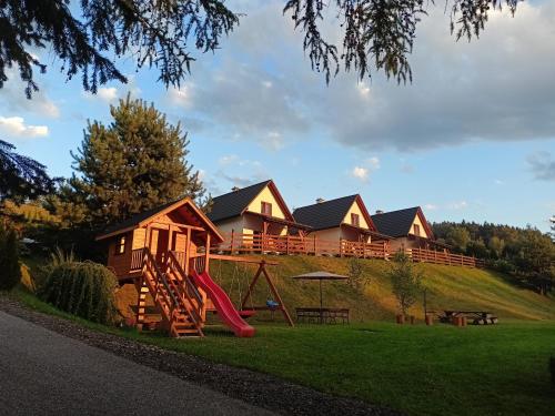 a log cabin with a slide and a playground at Bieszczadzki Bohater Domki 533-502-137 in Polańczyk