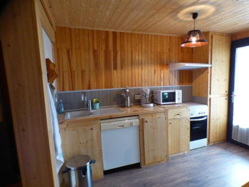 una cocina con fregadero y estufa horno superior en chalet à Orcieres merlette pour 10, en Orcières