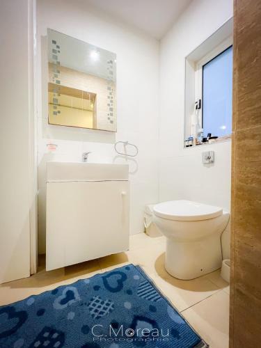 a bathroom with a white toilet and a blue rug at Valletta Charming 2 Bedroom Apt in Valletta