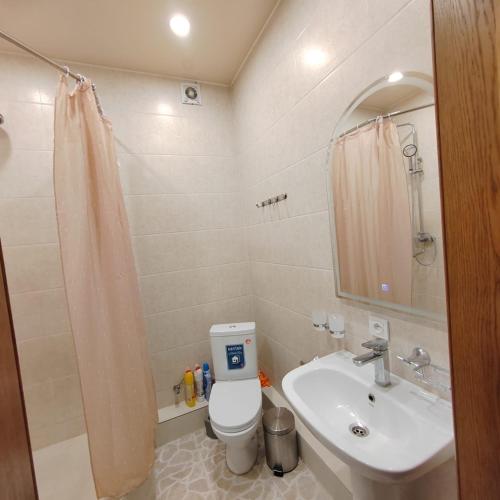 een badkamer met toilet en wastafel bij 1 bedroom apartment in Doesjanbe