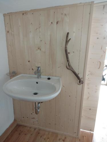 a bathroom with a sink and a antler on the wall at Ochsenwaldhütte in Teschrepl