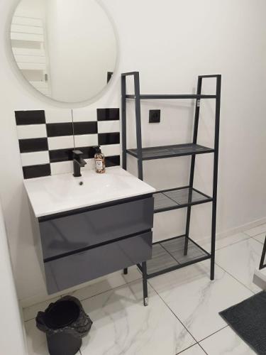 une salle de bain avec un lavabo et un miroir dans l'établissement La Gueule D'Or - Parking - Wifi, à Lens