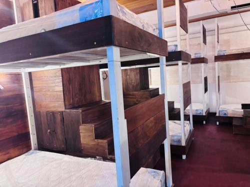 two bunk beds in a room with wooden walls at The Fort Library Hostel in Galle
