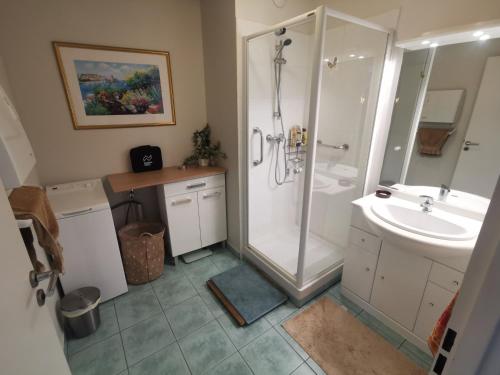 une salle de bain avec douche et lavabo dans l'établissement Le Gambetta, à Albi