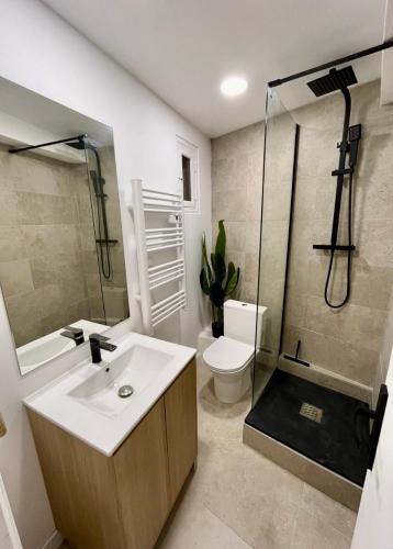 une salle de bain avec un lavabo, une douche et des toilettes dans l'établissement Le cozy grasse, à Grasse