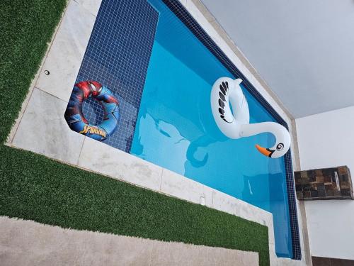 Draufsicht auf ein Schwimmbecken mit zwei aufblasbaren Schwänen in der Unterkunft Casa do Valença alugue no airbn in Tatuí