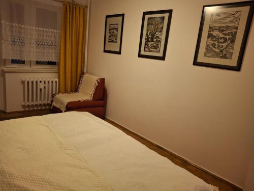 a bedroom with a bed and a chair at Lokum u Krzysztofa in Krosno