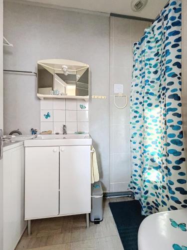 ein Badezimmer mit Waschbecken und Duschvorhang in der Unterkunft Maison des Bains in Allevard