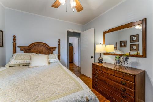 a bedroom with a bed and a dresser with a mirror at Bike Path Getaway in Town in Brevard