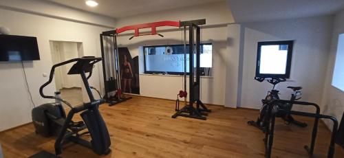 a gym with two exercise bikes and a flat screen tv at RITTERTAL Altmünster Traunsee Apartment in Altmünster