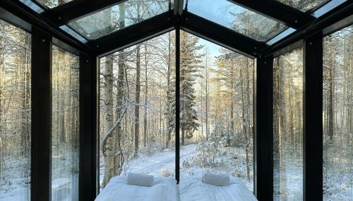 a bedroom with a large window in a snowy forest at Sky Lodging ~ sleeping under the stars in Rovaniemi