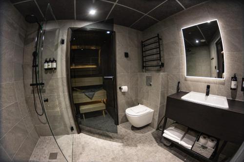 a bathroom with a shower and a toilet and a sink at Hotel Ylläsrinne Deluxe in Ylläsjärvi