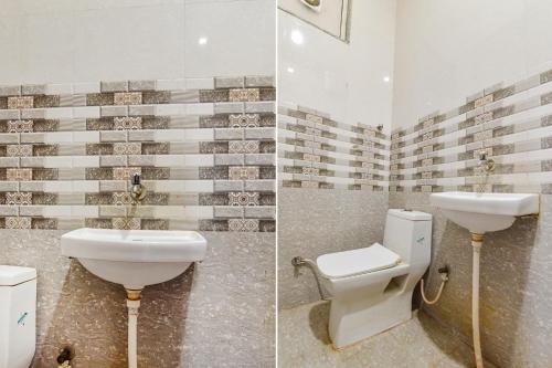 two pictures of a bathroom with a toilet and a sink at FabHotel Maa Gayatri Sadan - Nr Pram Mandir Shree Banke Bihari Temple in Vrindāvan