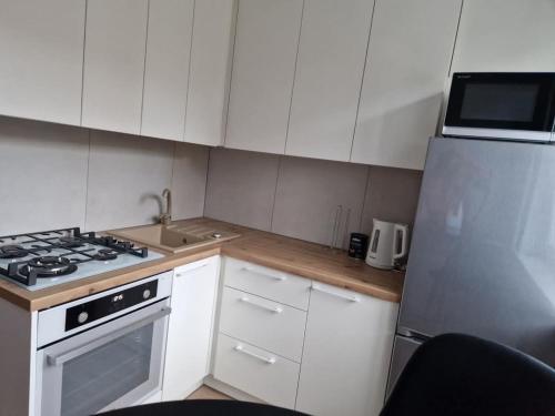 a small kitchen with a stove and a refrigerator at Nuomos Karaliai 2 kmbr in Mažeikiai