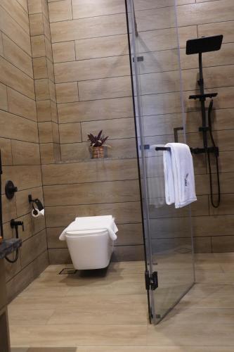 a bathroom with a toilet and a glass shower stall at The Fern Heaven on The Hills Resort, Hatgad-Saputara in Surgāna