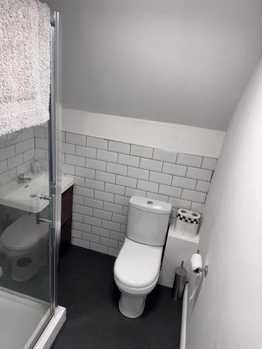 a small bathroom with a toilet and a sink at Stafford apartments in Stafford