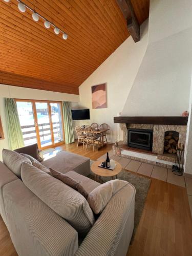 a living room with a couch and a fireplace at Le Nid Alpin in Les Mosses