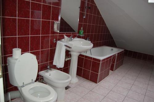 a red tiled bathroom with a toilet and a sink at Motel Maestro in Deva