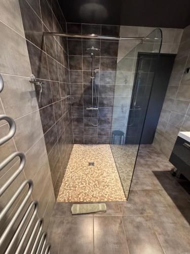 une salle de bain avec une douche avec une porte vitrée dans l'établissement proche de Collioure maison au calme avec Spa, à Saint-André